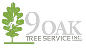 The logo for 9 Oak Tree Service Inc. features a green oak tree silhouette with a worker climbing it, alongside the text '9OAK TREE SERVICE INC.